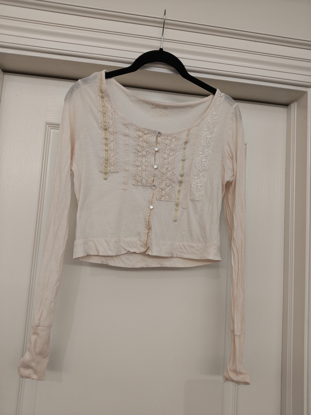 Vintage Delicate Pale Pink Lace-Trim Cropped Long Sleeve Top